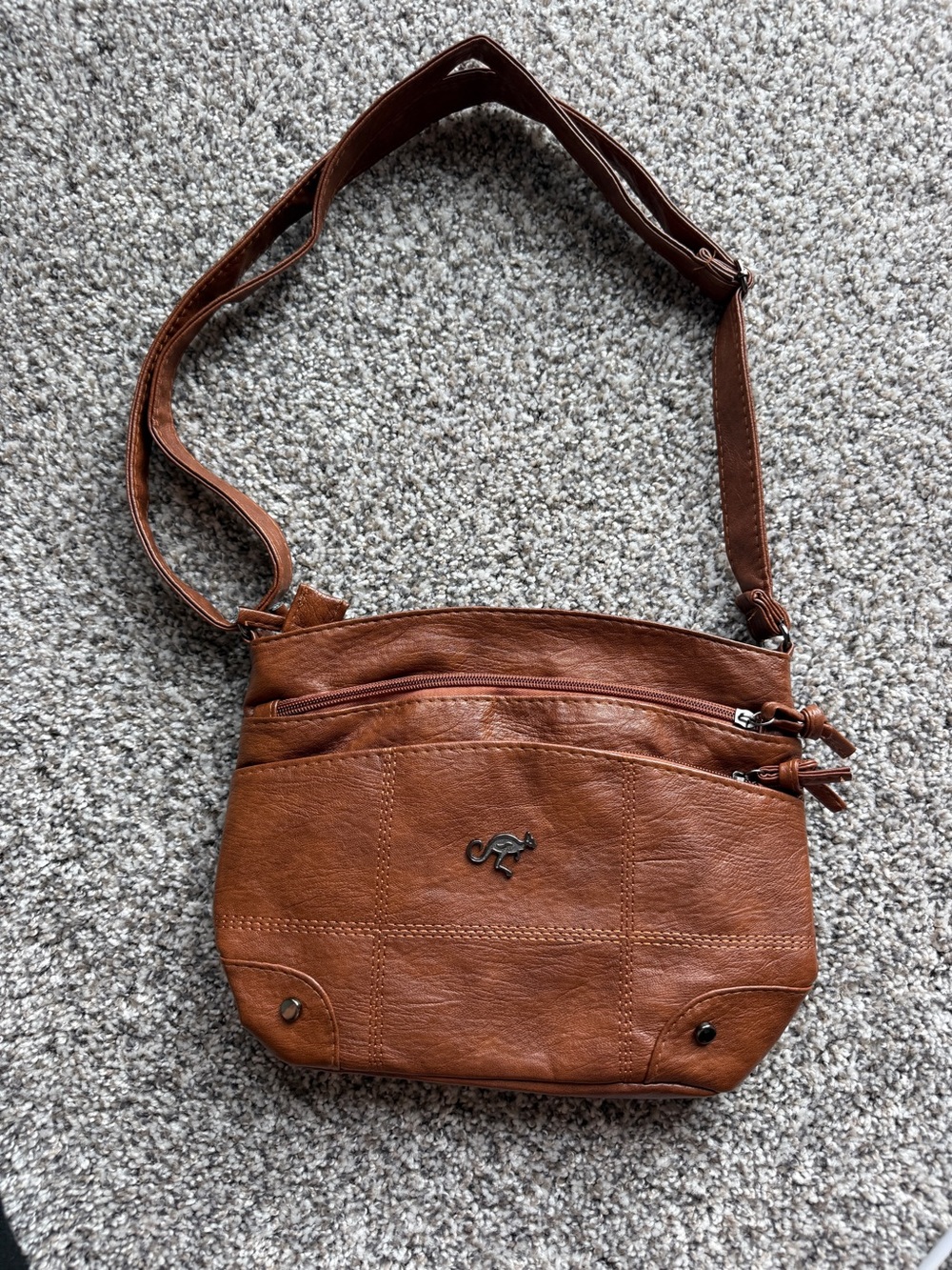 Kangaroo Brown Tan Crossbody Bag with Front Zip Pockets